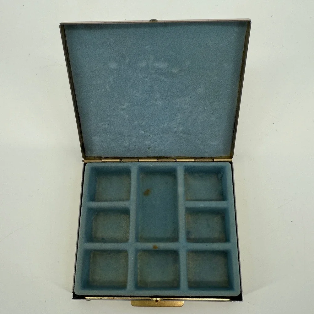 Vintage Gold Tone Floral Cameo Pill Trinket Box Blue Velvet Interior 1950s